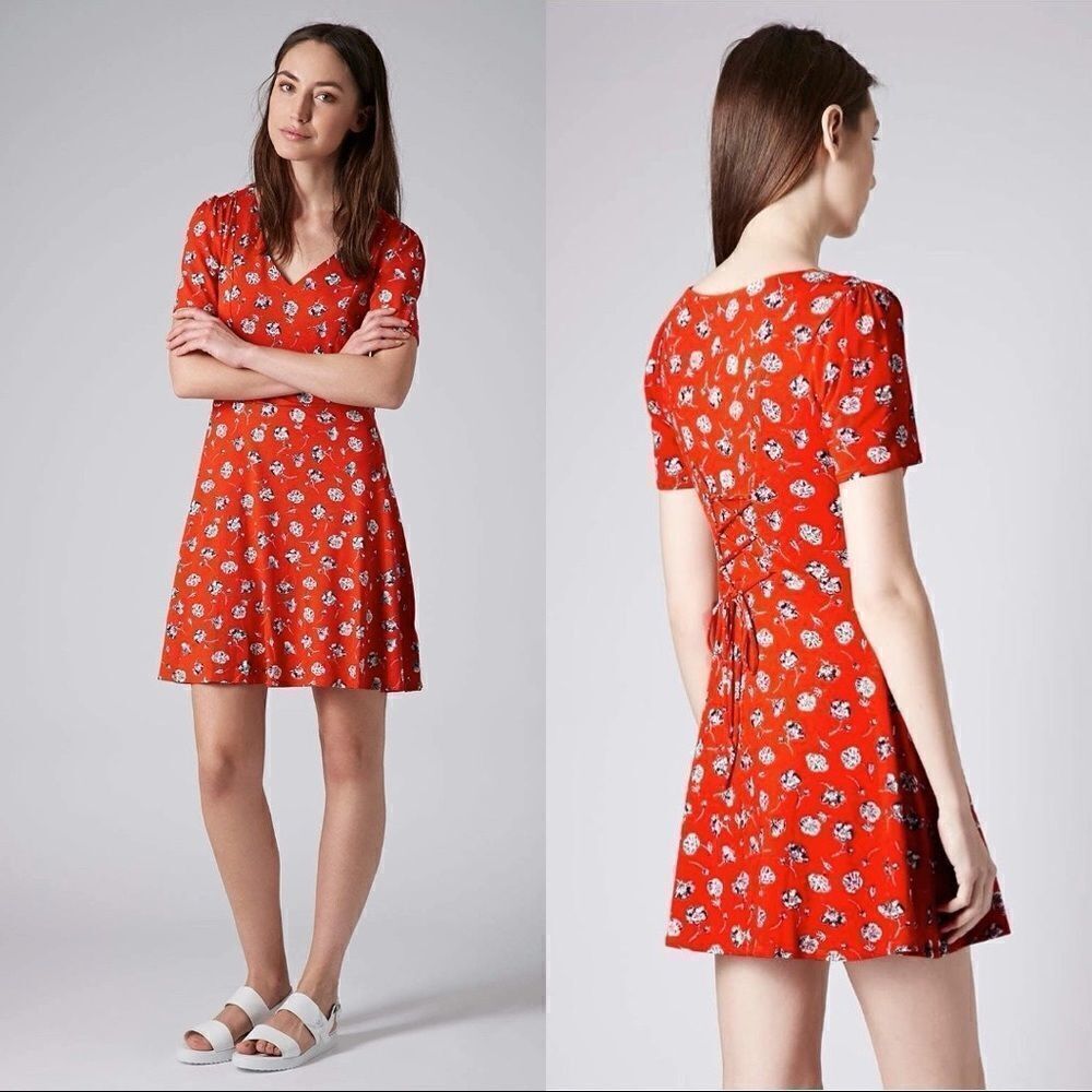 Topshop Red Pansey Floral Print Dress - Size: 2